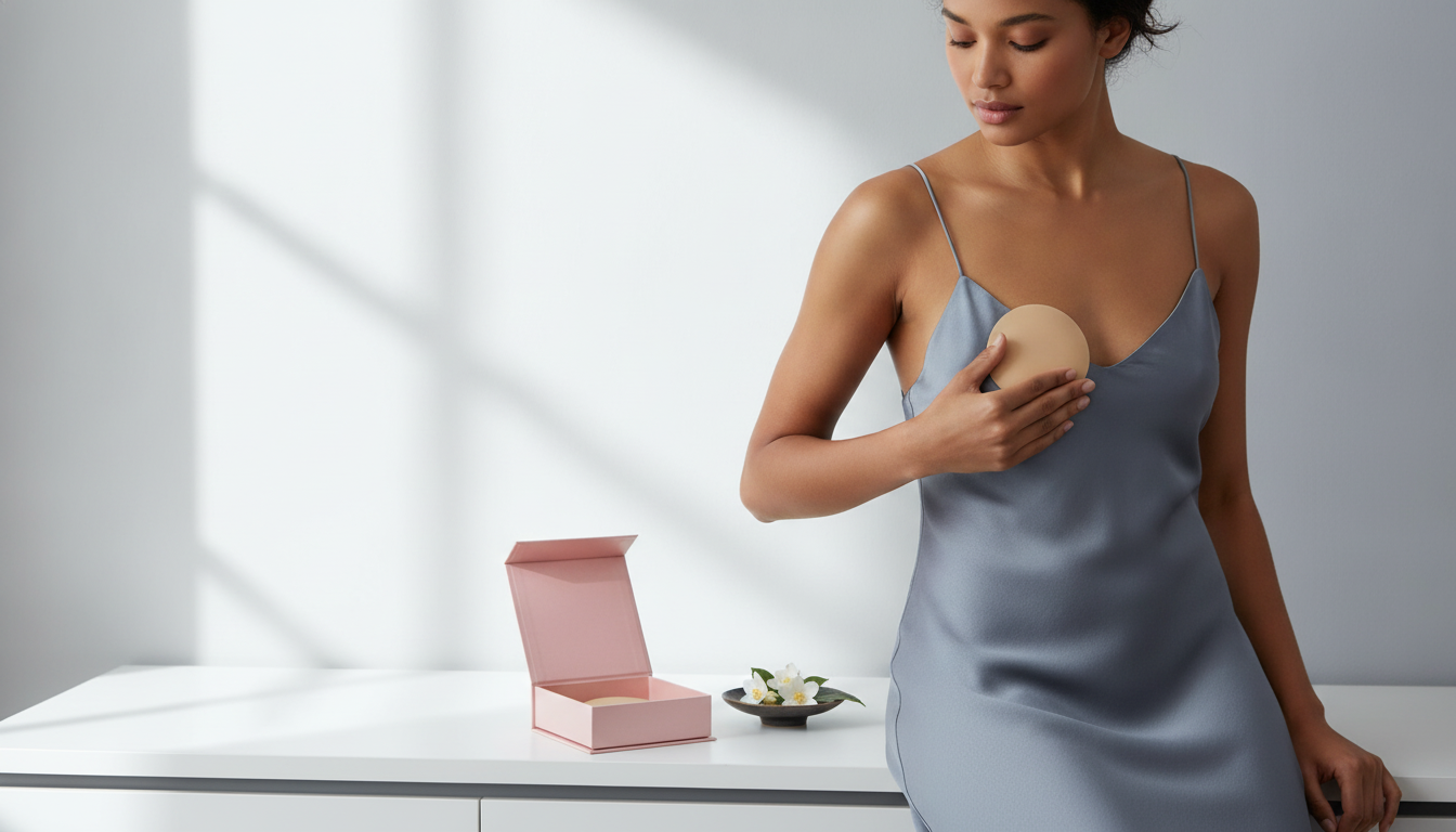 A woman applying an invisible reusable silicone adhesive breast pad to her skin, highlighting its soft, flexible silicone mat