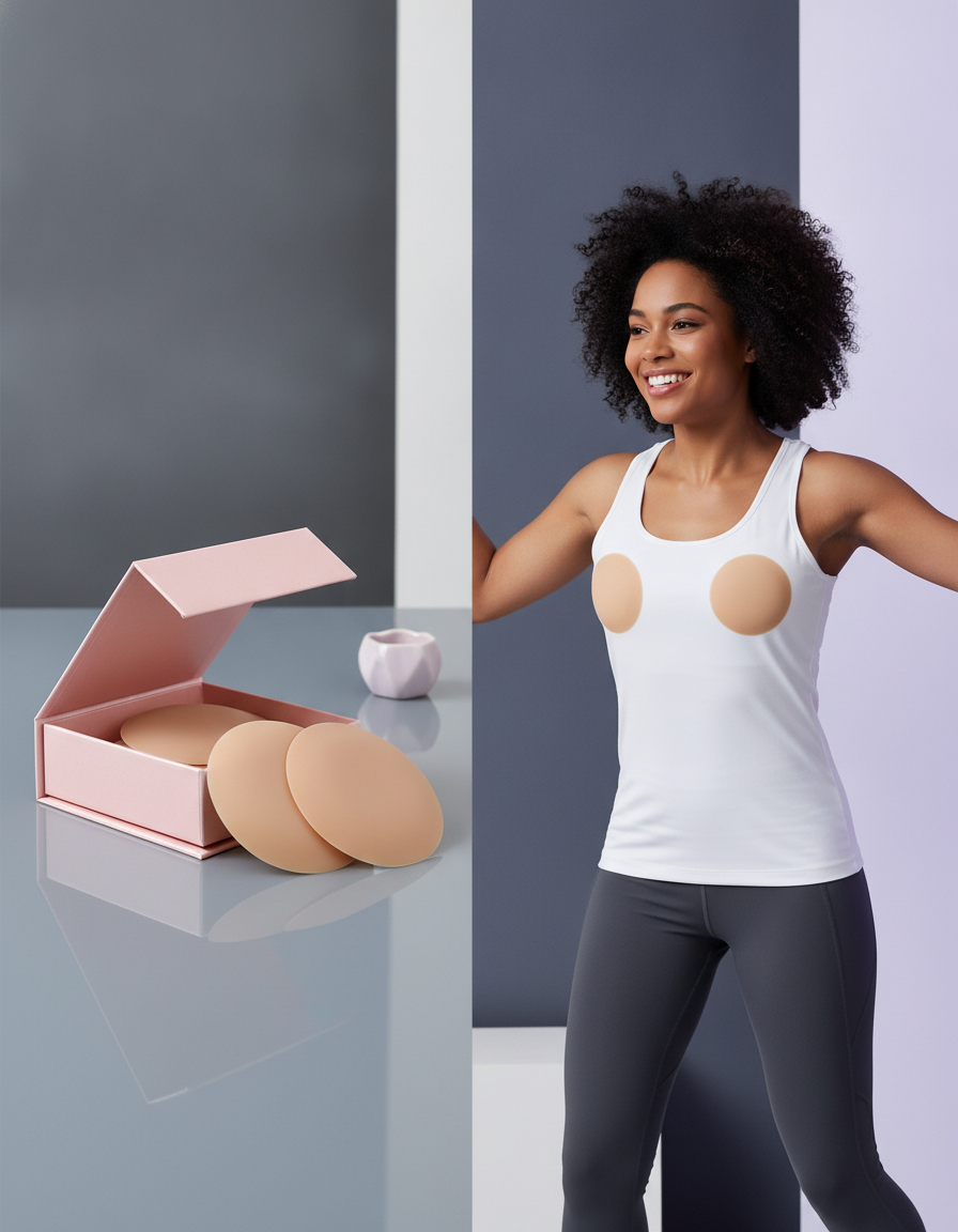 A diverse woman in a professional or active outfit, subtly demonstrating the invisible reusable silicone adhesive breast pads