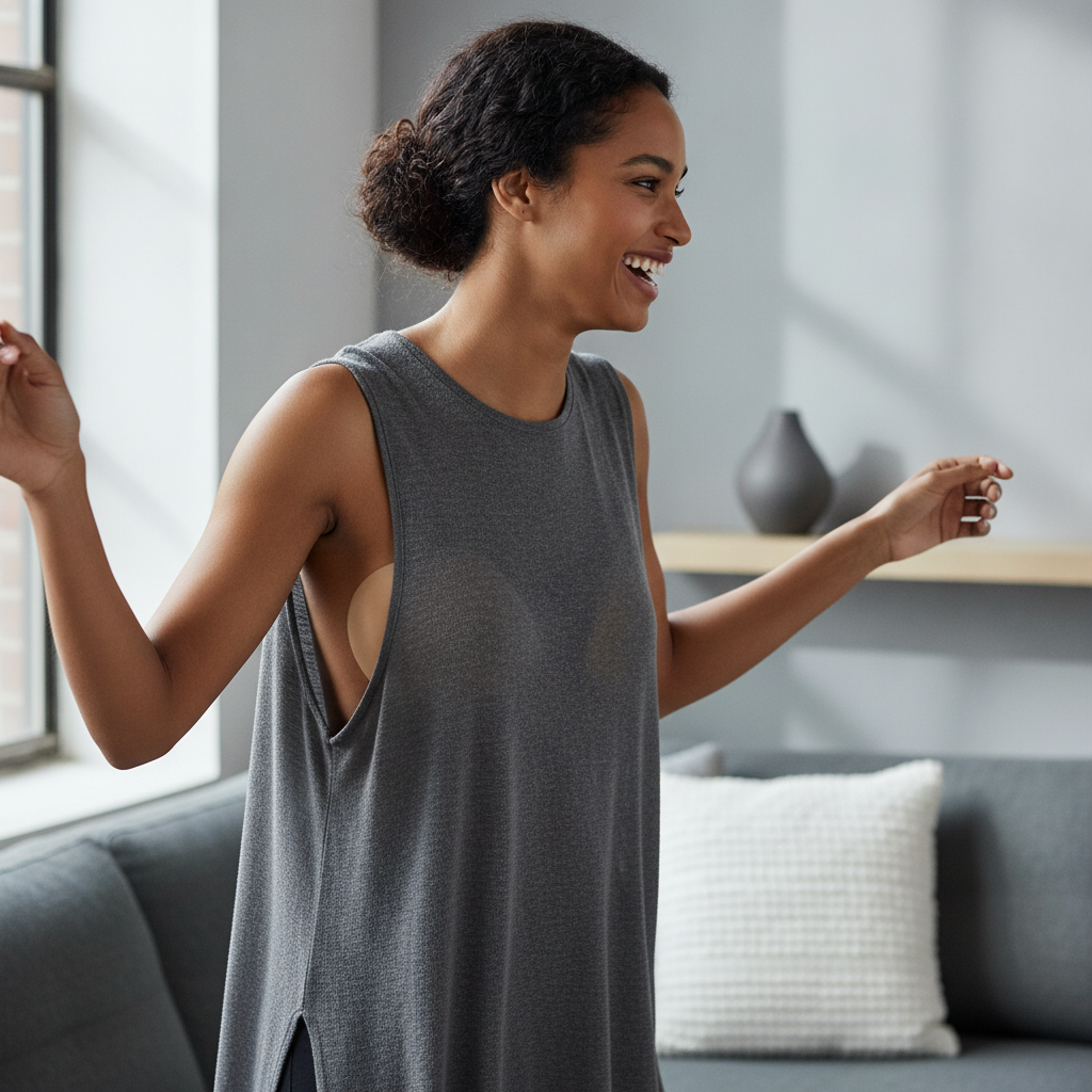 A diverse woman smiles, moving freely, wearing an outfit that subtly showcases invisible silicone breast pads. She appears co