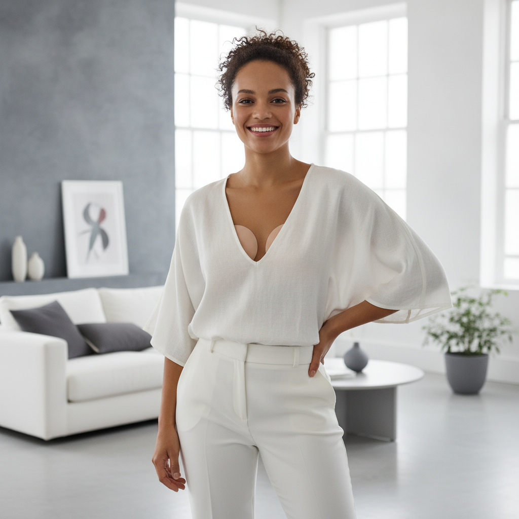 A smiling woman with diverse representation poses candidly, subtly showing invisible reusable silicone adhesive breast pads u
