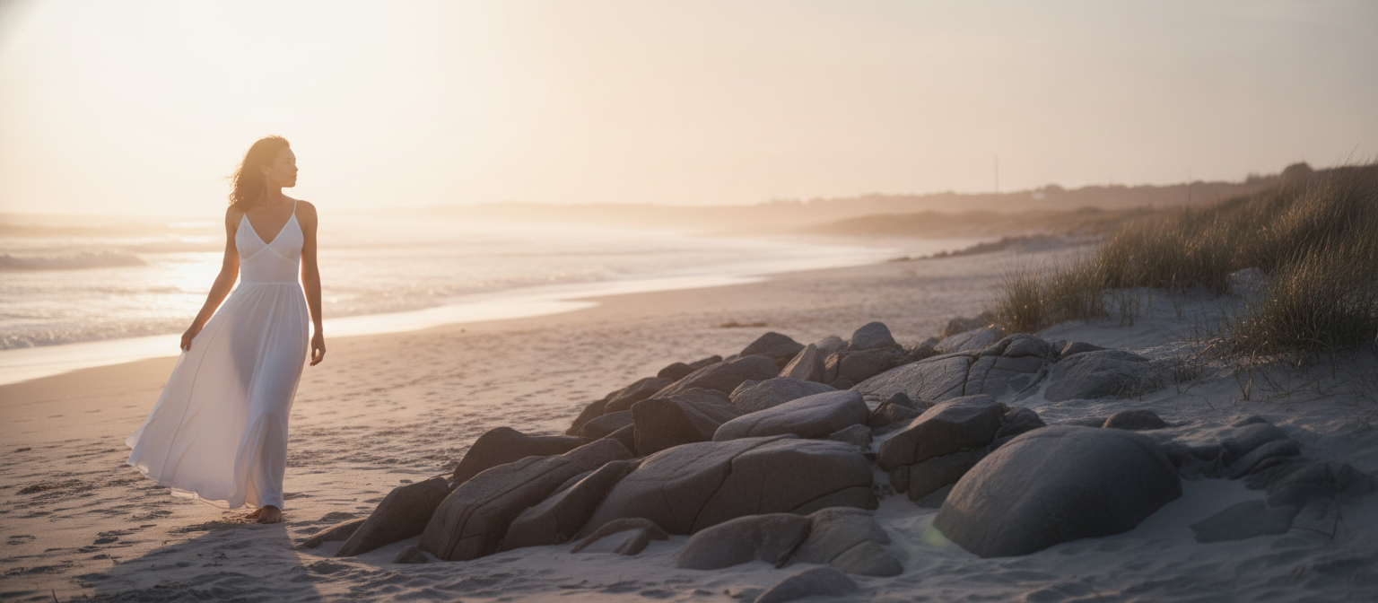 Woman in a white dress walking on a beach at sunset, with a smooth silhouette from breast pads. Coastal landscape background.